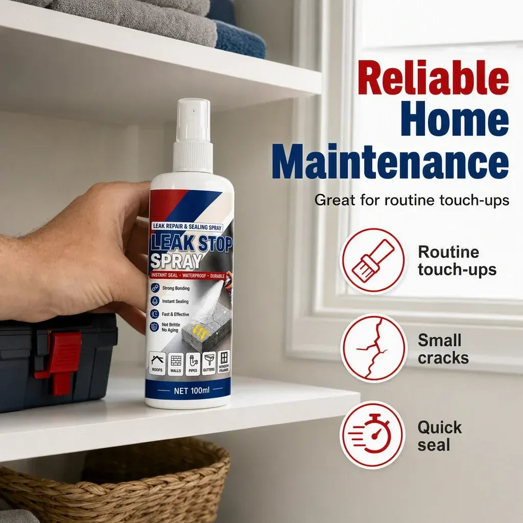 Leak repair spray stored with tools for routine home maintenance
