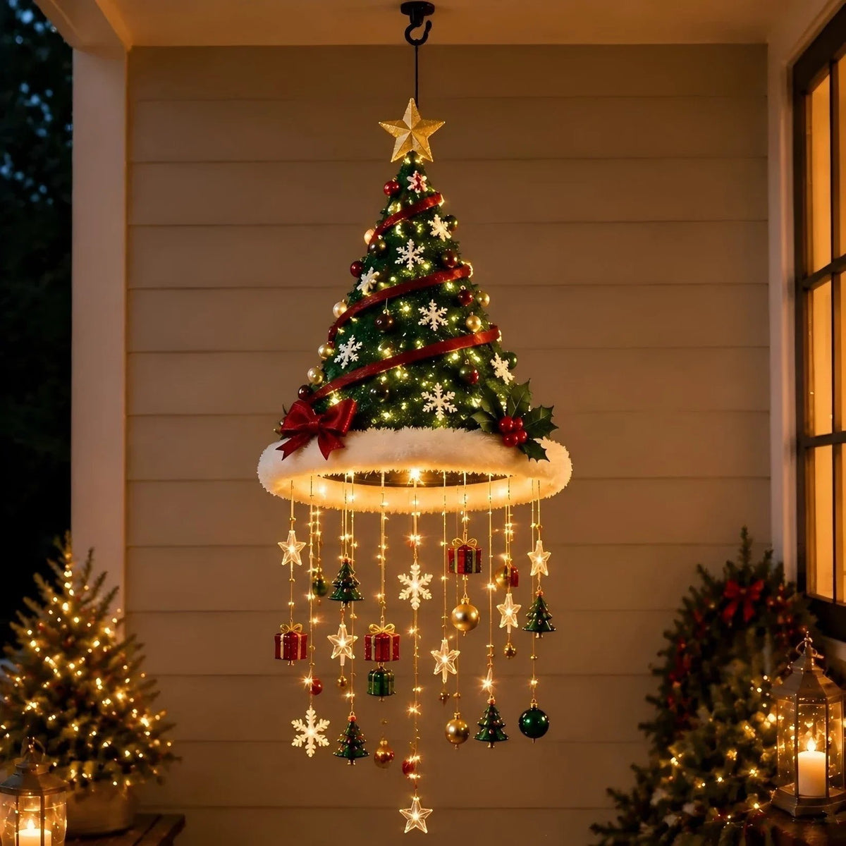 Santa Hat LED Hanging Light - A classic Santa hat raining warm fairy lights & Christmas charms(50*20 cm).