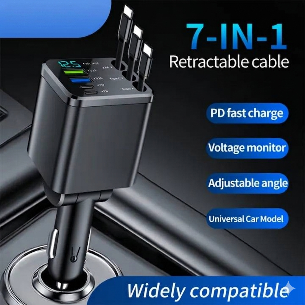 7-in-1 Retractable 102W Fast Car Charger with Star Projector Ambient Light