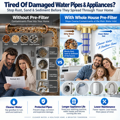 Whole House Water Pre-Filter, 40 Micron Stainless Steel Mesh | Protect your home plumbing & water appliances