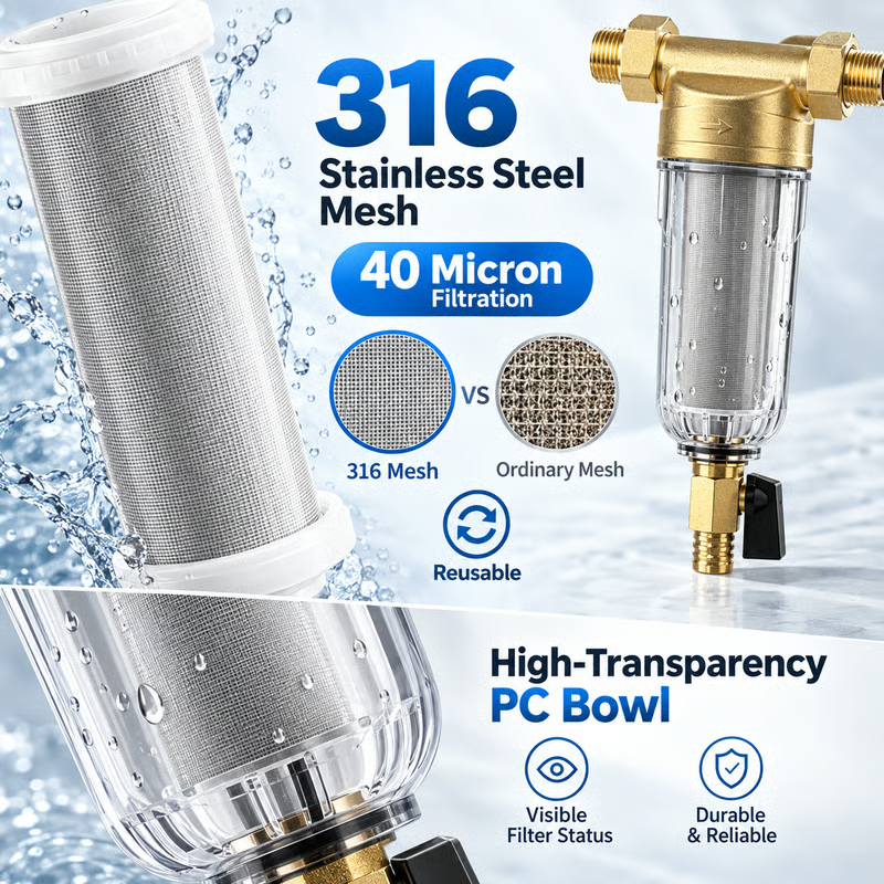 Whole House Water Pre-Filter, 40 Micron Stainless Steel Mesh | Protect your home plumbing & water appliances