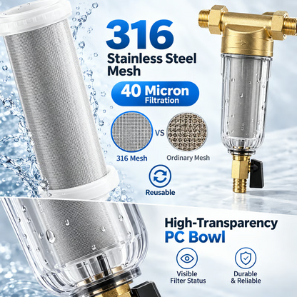 Whole House Water Pre-Filter, 40 Micron Stainless Steel Mesh | Protect your home plumbing & water appliances