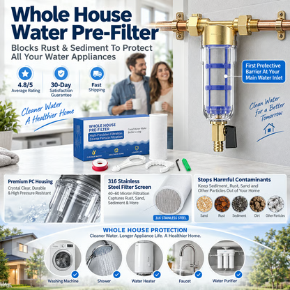 Whole House Water Pre-Filter, 40 Micron Stainless Steel Mesh | Protect your home plumbing & water appliances