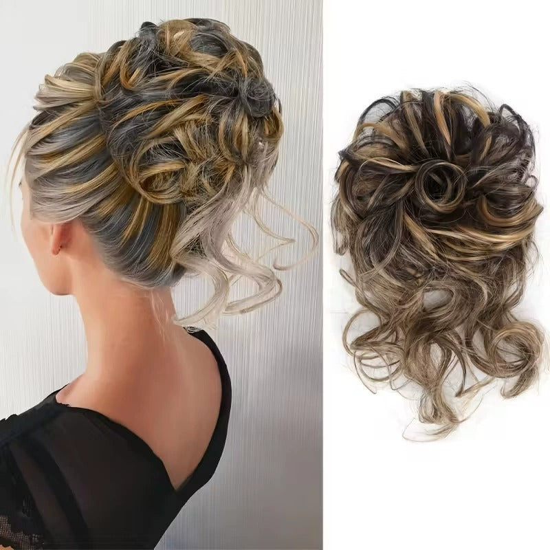 Messy Curly Hair Bun Scrunchie with Bangs – Synthetic Hairpiece