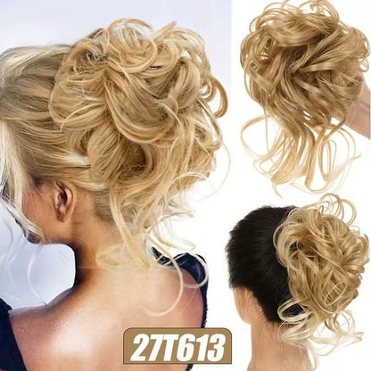 Messy Curly Hair Bun Scrunchie with Bangs – Synthetic Hairpiece