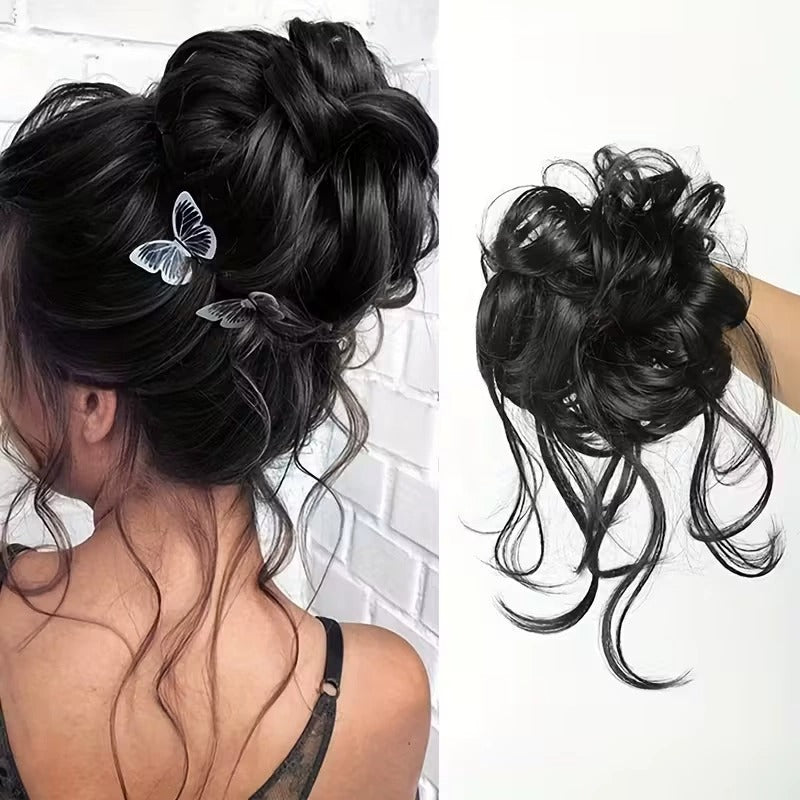 Messy Curly Hair Bun Scrunchie with Bangs – Synthetic Hairpiece
