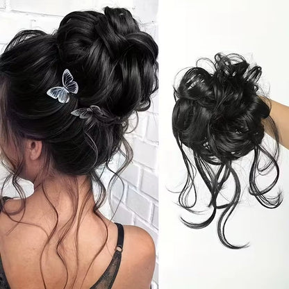 Messy Curly Hair Bun Scrunchie with Bangs – Synthetic Hairpiece