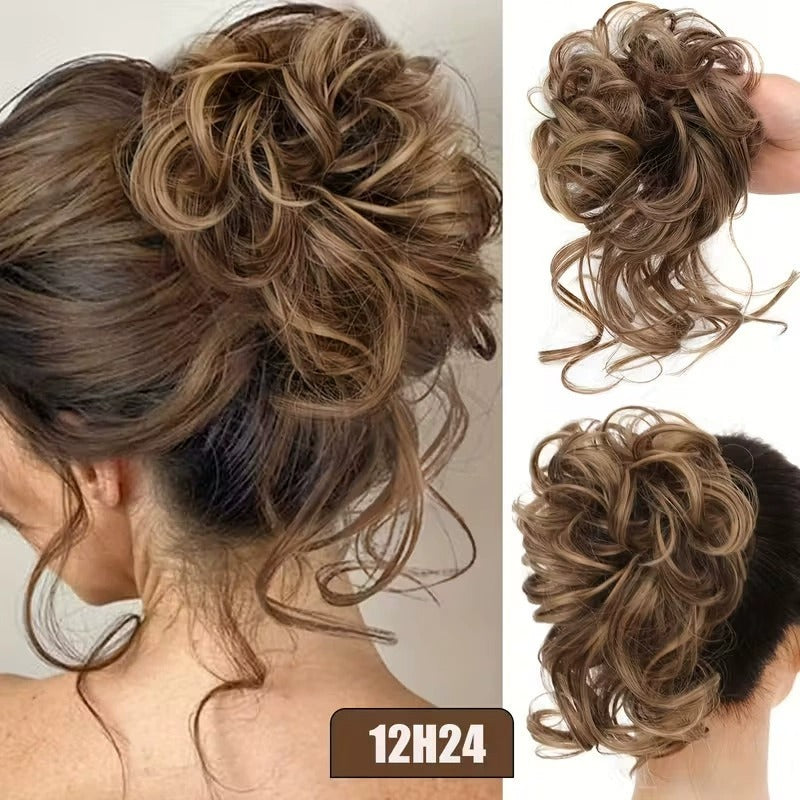 Messy Curly Hair Bun Scrunchie with Bangs – Synthetic Hairpiece