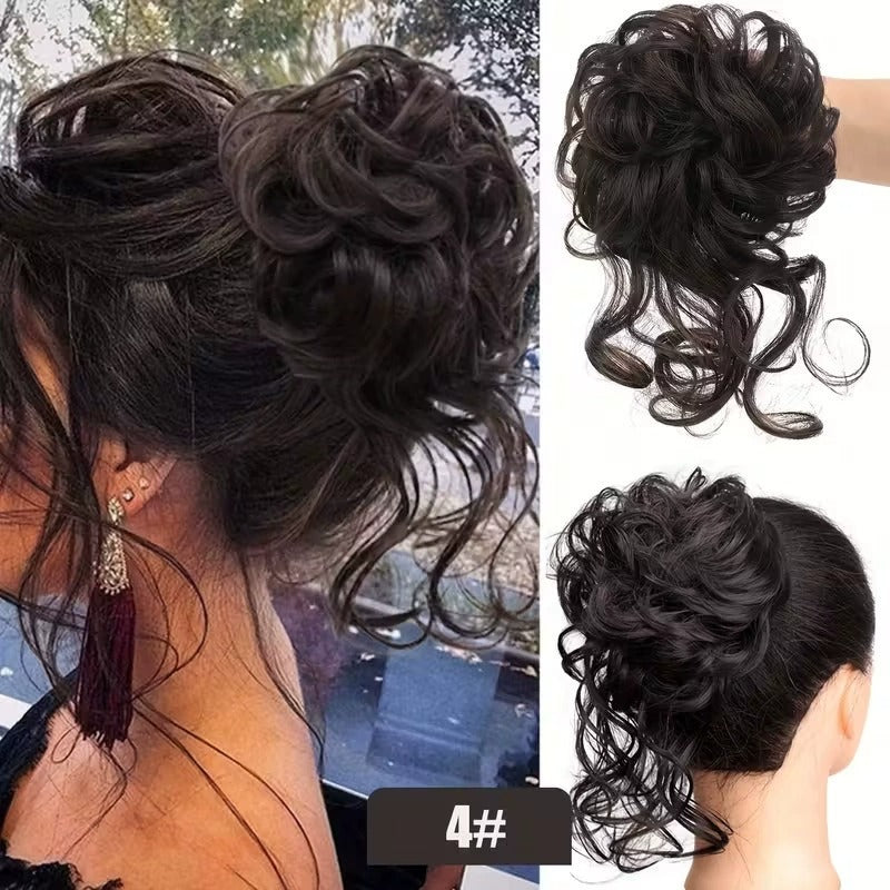 Messy Curly Hair Bun Scrunchie with Bangs – Synthetic Hairpiece