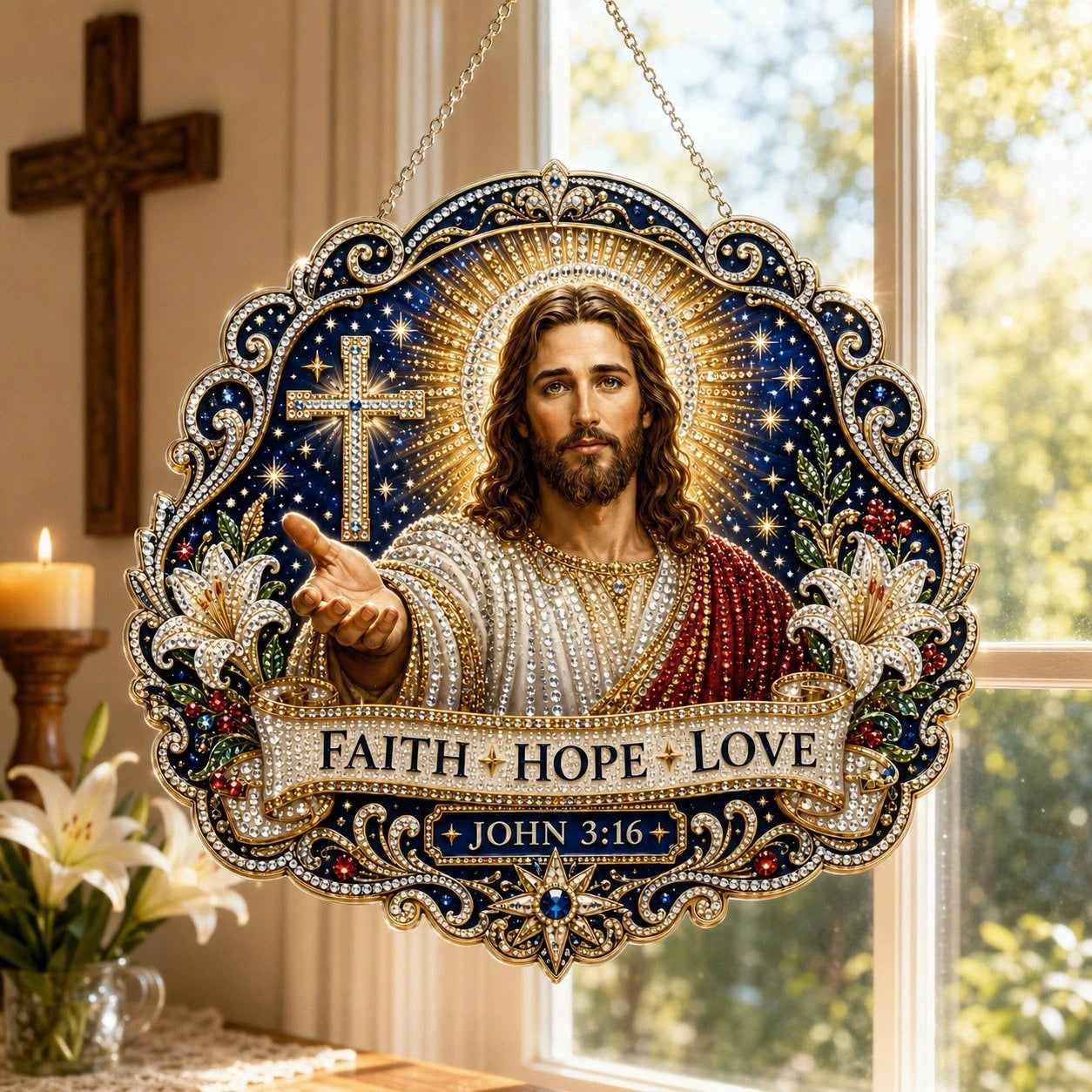 ✝️💐 Cross, Flowers & Dove Diamond Art Hanging Ornament Kit – A Relaxing DIY Craft Filled with Faith & Peace ✨🙏