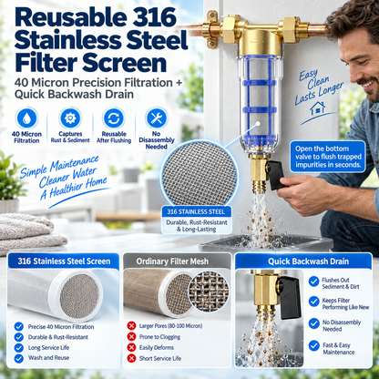 Whole House Water Pre-Filter, 40 Micron Stainless Steel Mesh | Protect your home plumbing & water appliances