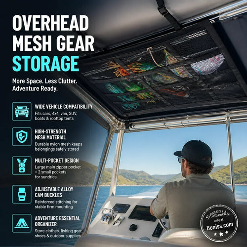 Overhead Mesh Gear Storage Net, Multi‑Pocket Ceiling Mesh Organizer for SUV, Van, 4x4, Boat & Rooftop Tent