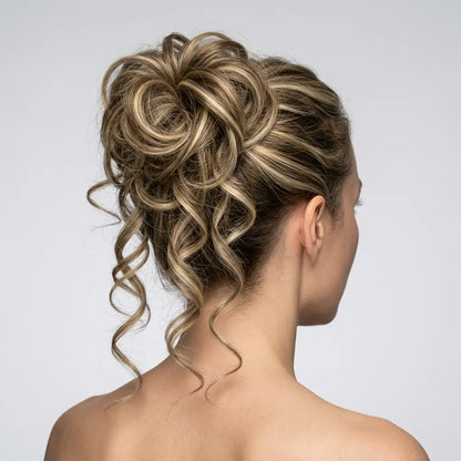 Messy Curly Hair Bun Scrunchie with Bangs – Synthetic Hairpiece