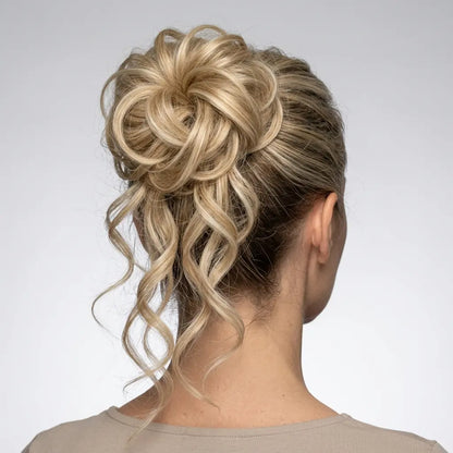 Messy Curly Hair Bun Scrunchie with Bangs – Synthetic Hairpiece
