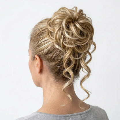 Messy Curly Hair Bun Scrunchie with Bangs – Synthetic Hairpiece